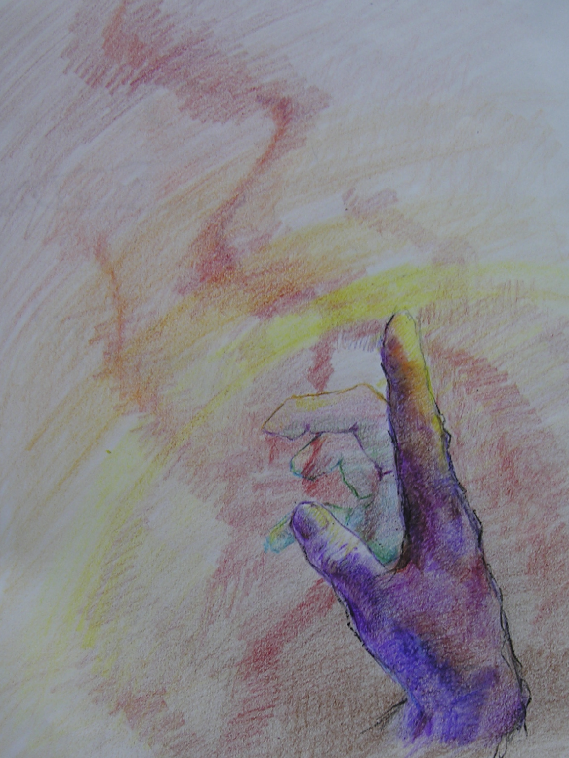 A colorful drawing of a hand with extended fingers, reaching towards a rainbow in the background.