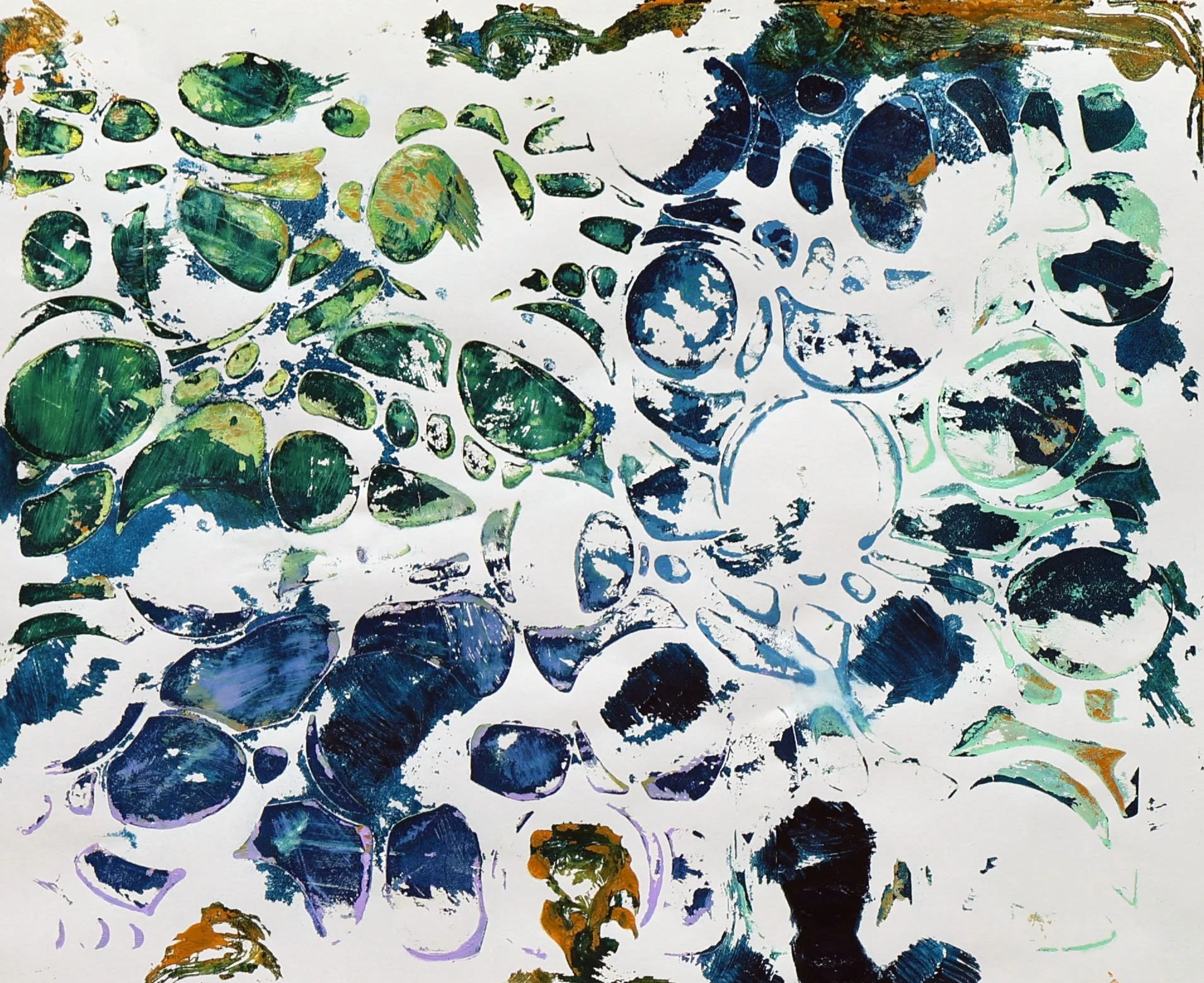 Abstract painting with green, blue, black, and orange circular and irregular shapes on a white background.