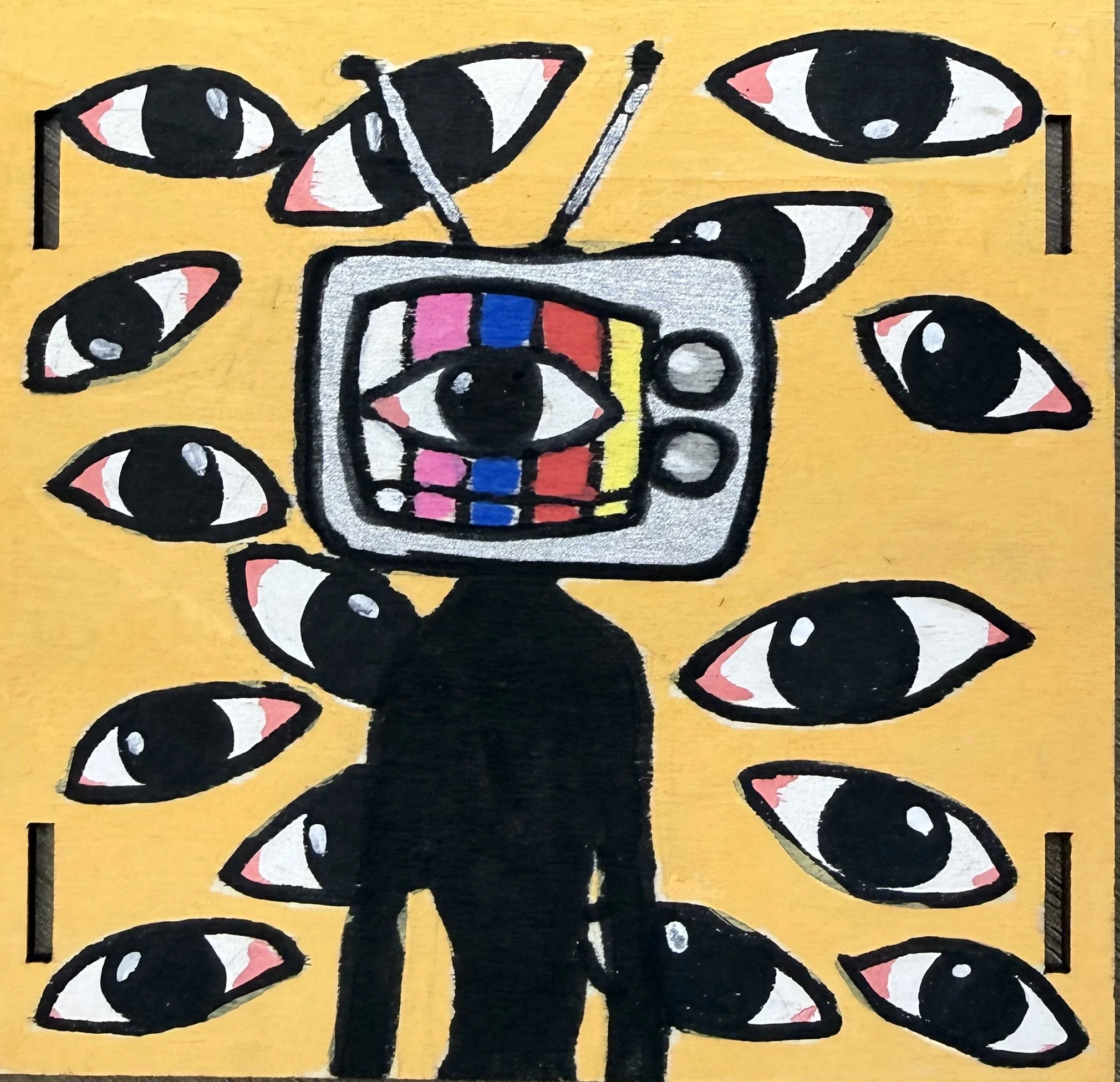 A colorful abstract painting featuring a television set with a test pattern on the screen, surrounded by multiple stylized eyes with red or pink accents, set against a yellow background.
