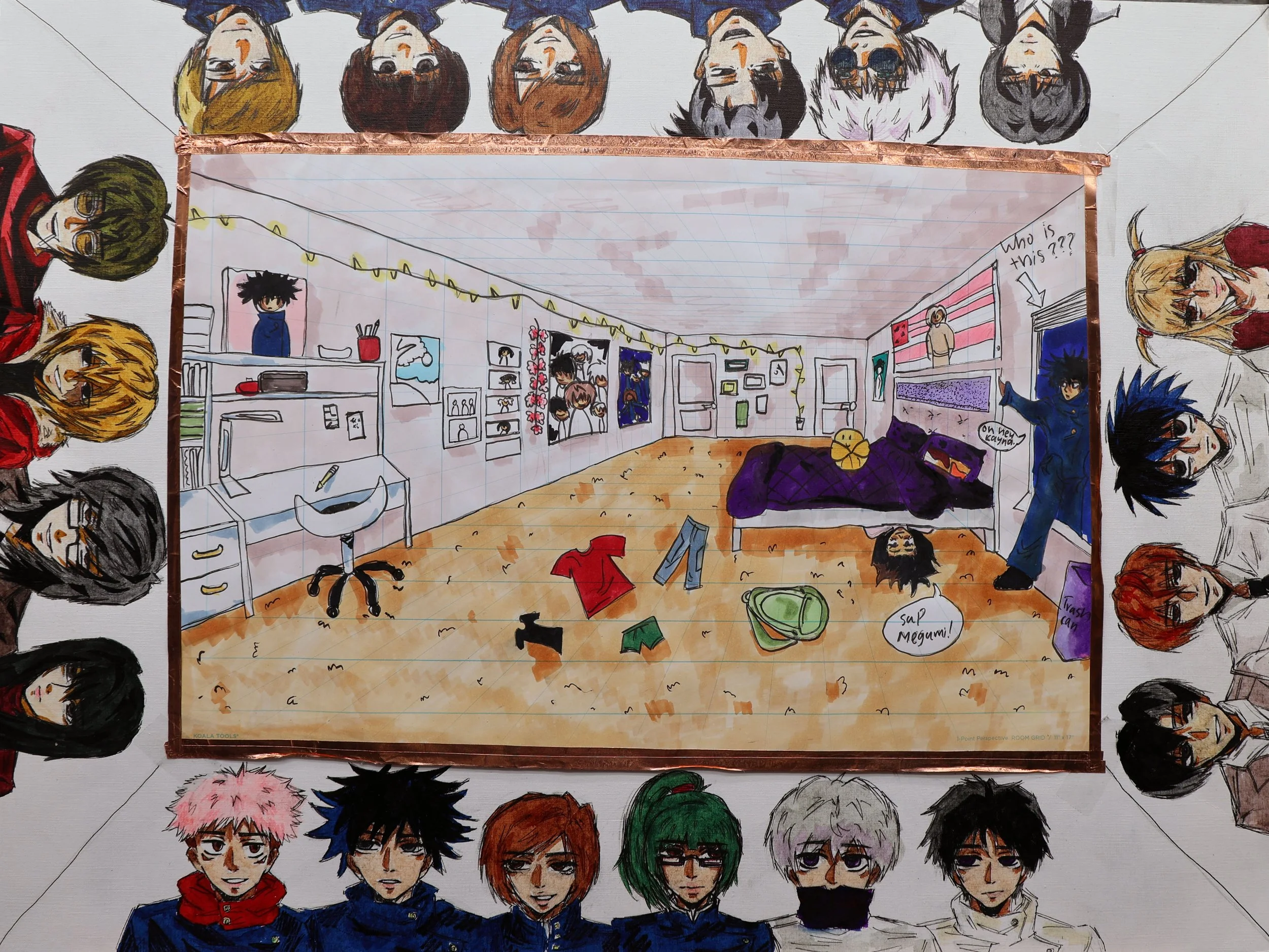 A hand-drawn illustration depicts a scene from a room with various artworks and posters on the walls, including some anime characters. Several anime-style characters are portrayed in the foreground and background, with some wearing colorful clothing 