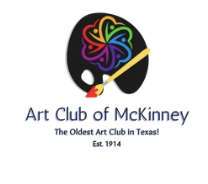 Logo for the Art Club of McKinney, featuring a painter's palette with colorful paint blobs, a paintbrush, and text stating the club's name and that it was established in 1914 in Texas.