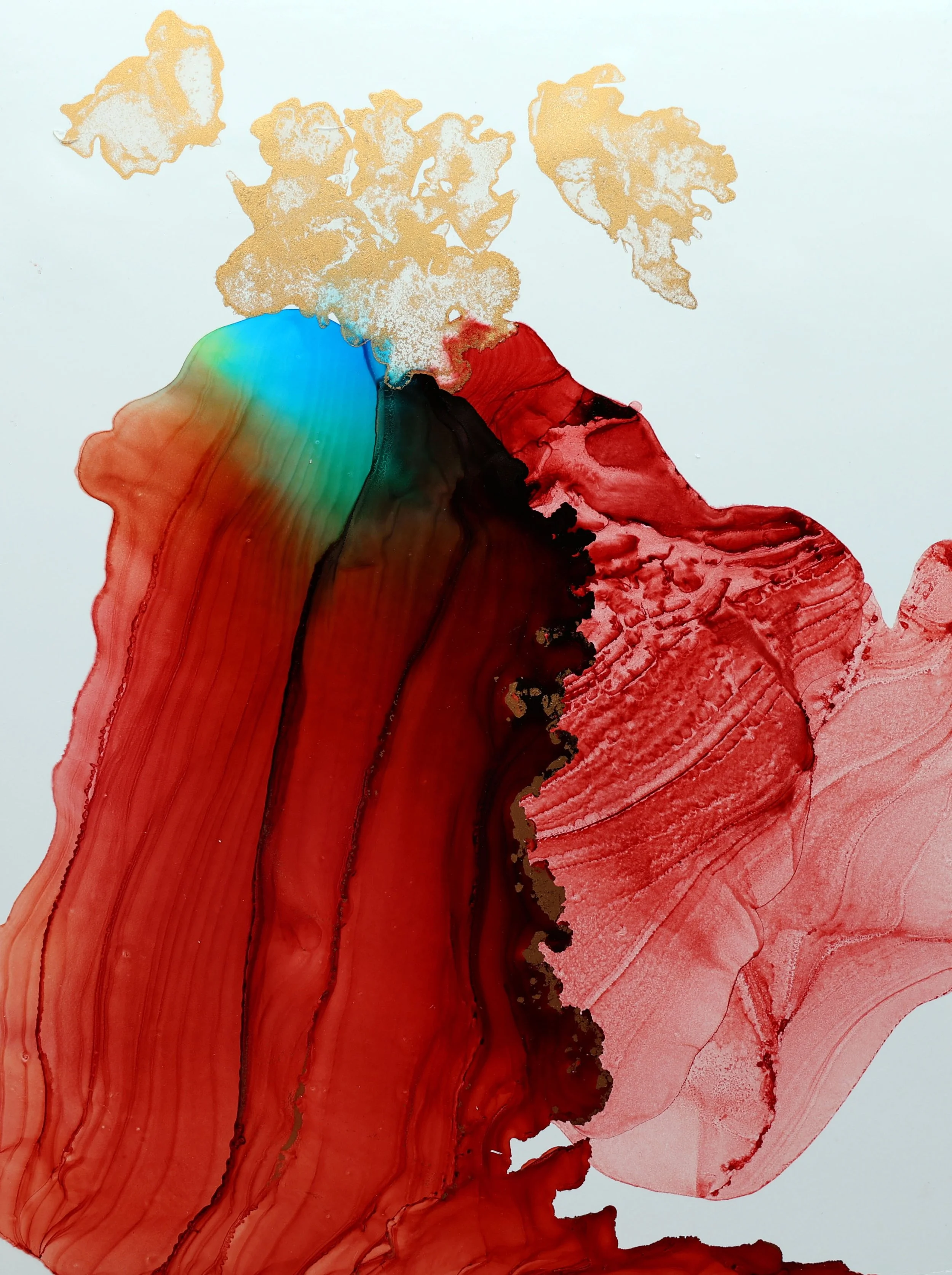 Abstract watercolor painting with red, black, blue, green, and beige hues