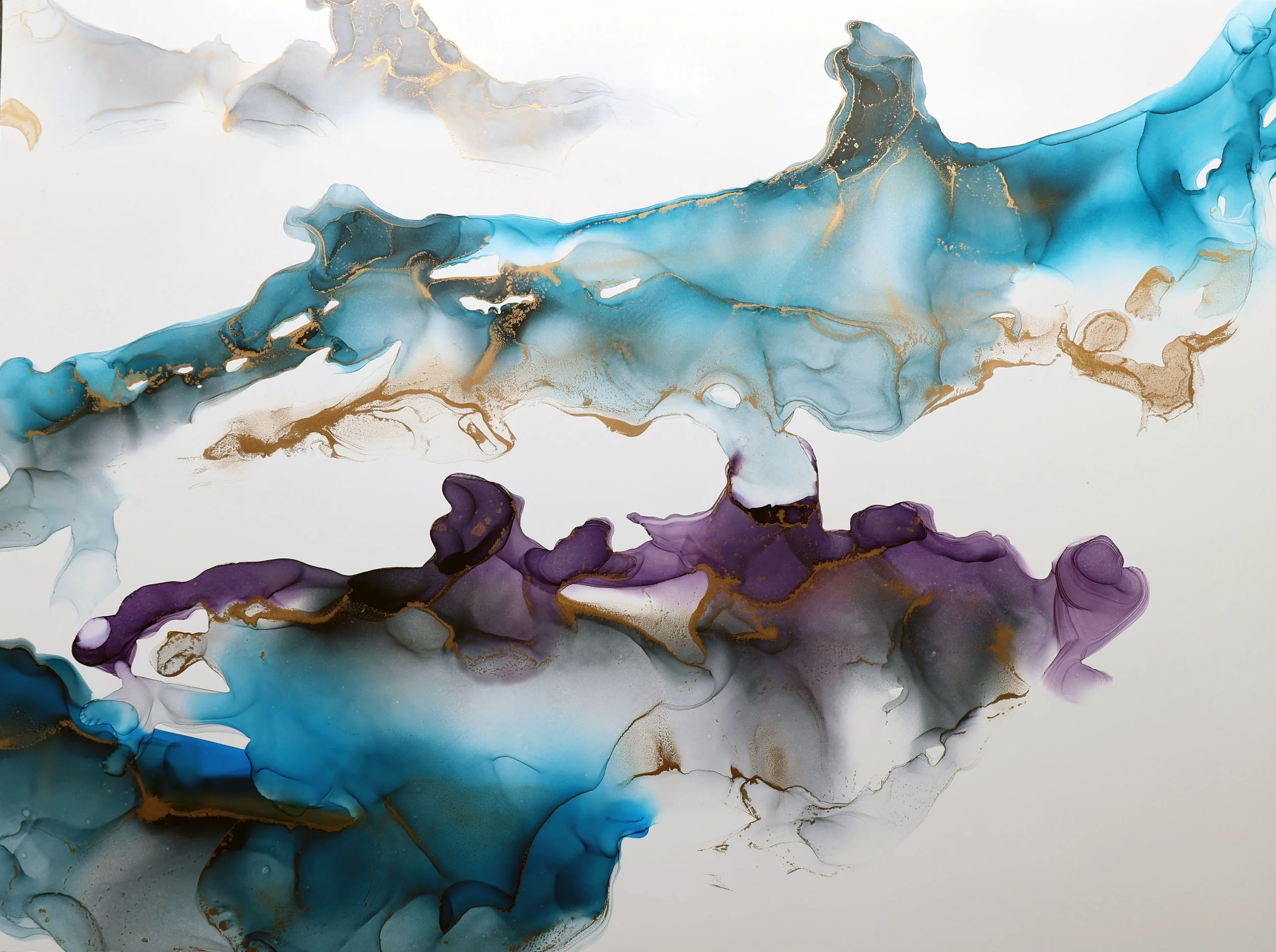 Abstract watercolor painting with swirls of blue, purple, gray, and gold on a white background.