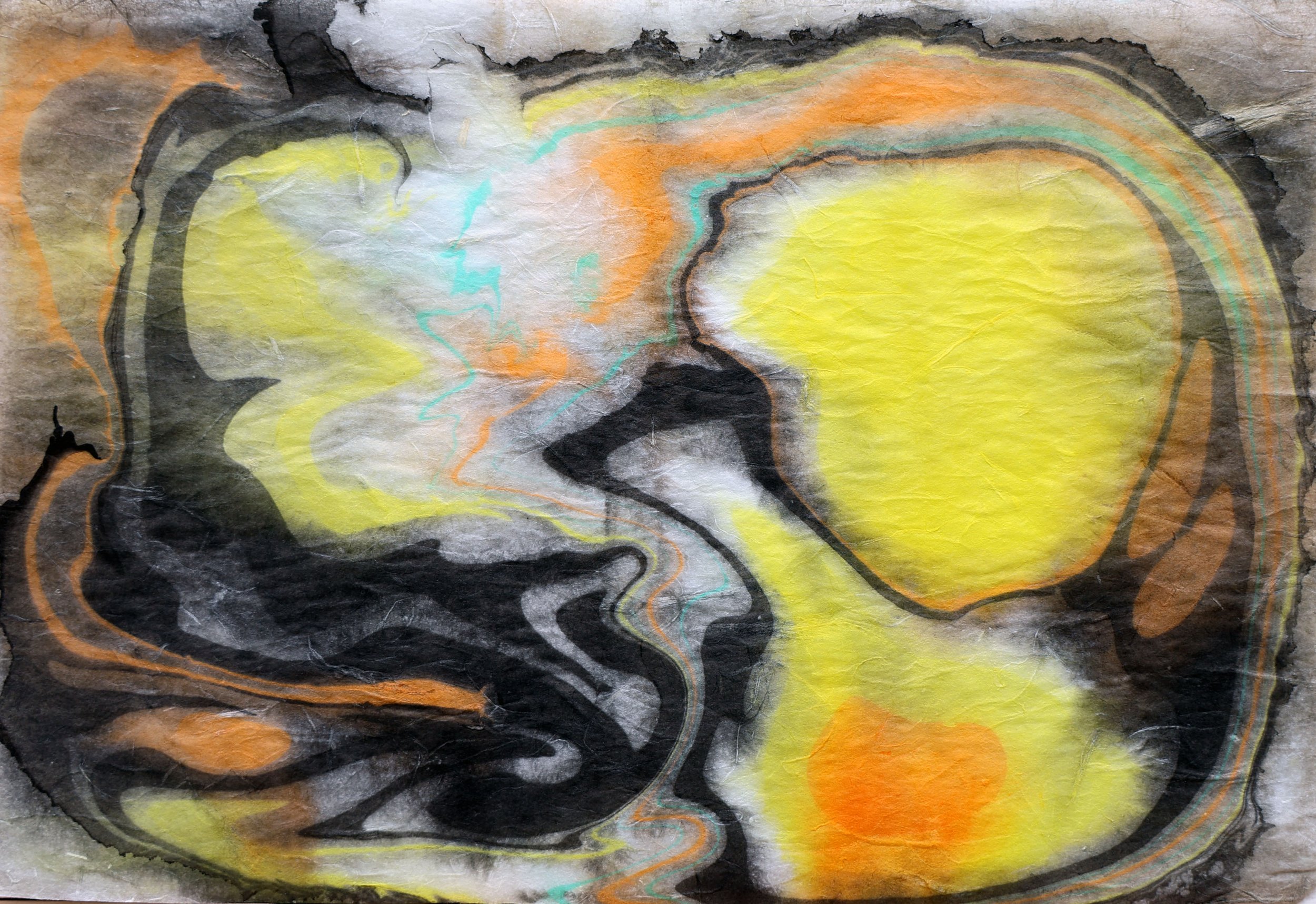 Abstract watercolor painting on crumpled paper with swirling black, yellow, orange, and teal lines.