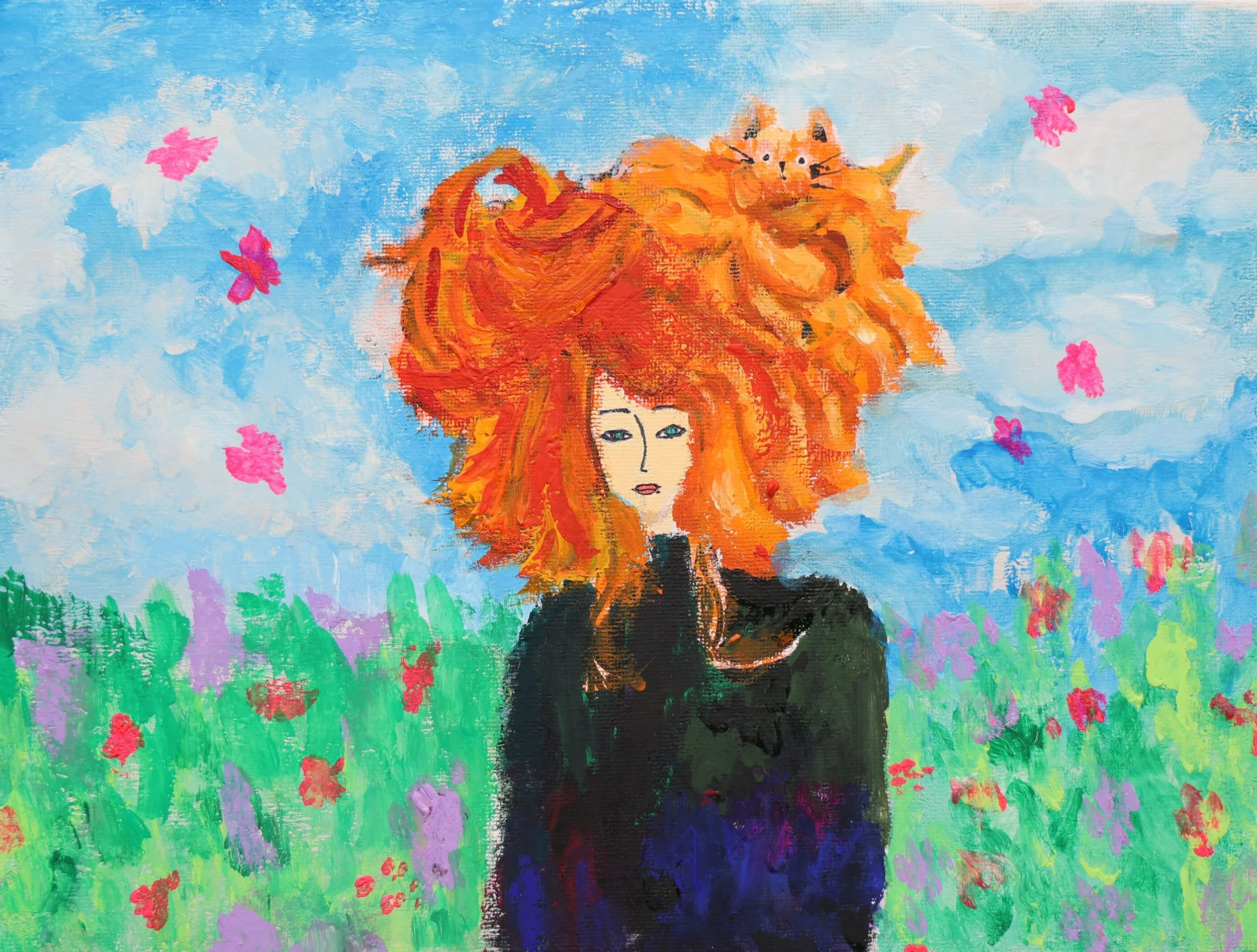A colorful painting of a woman with large orange curly hair standing in a field of flowers with pink butterflies in the sky.