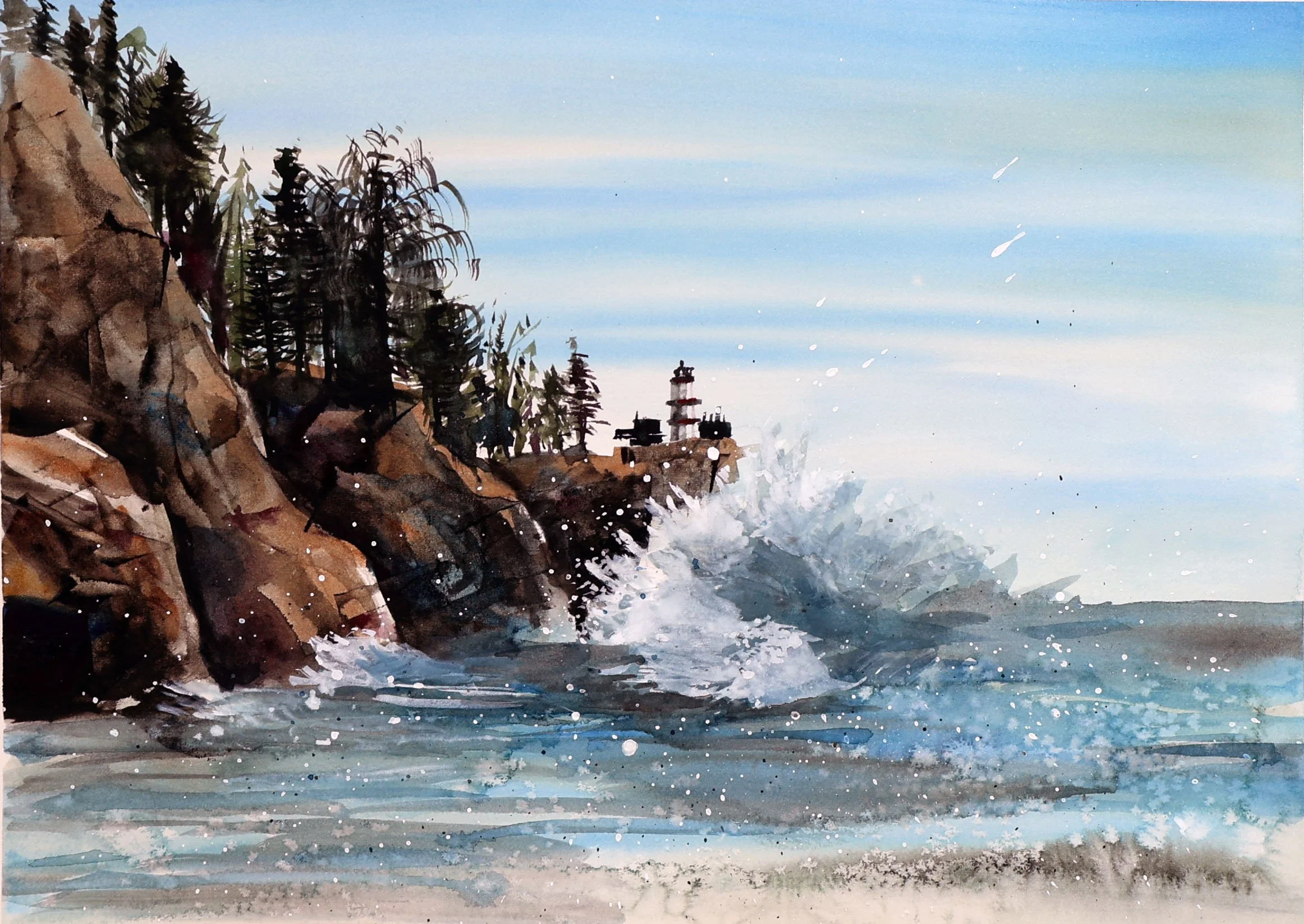 A watercolor painting of a rocky coastline with waves crashing against the rocks, pine trees on the cliffs, and a lighthouse in the background under a sky with light clouds.