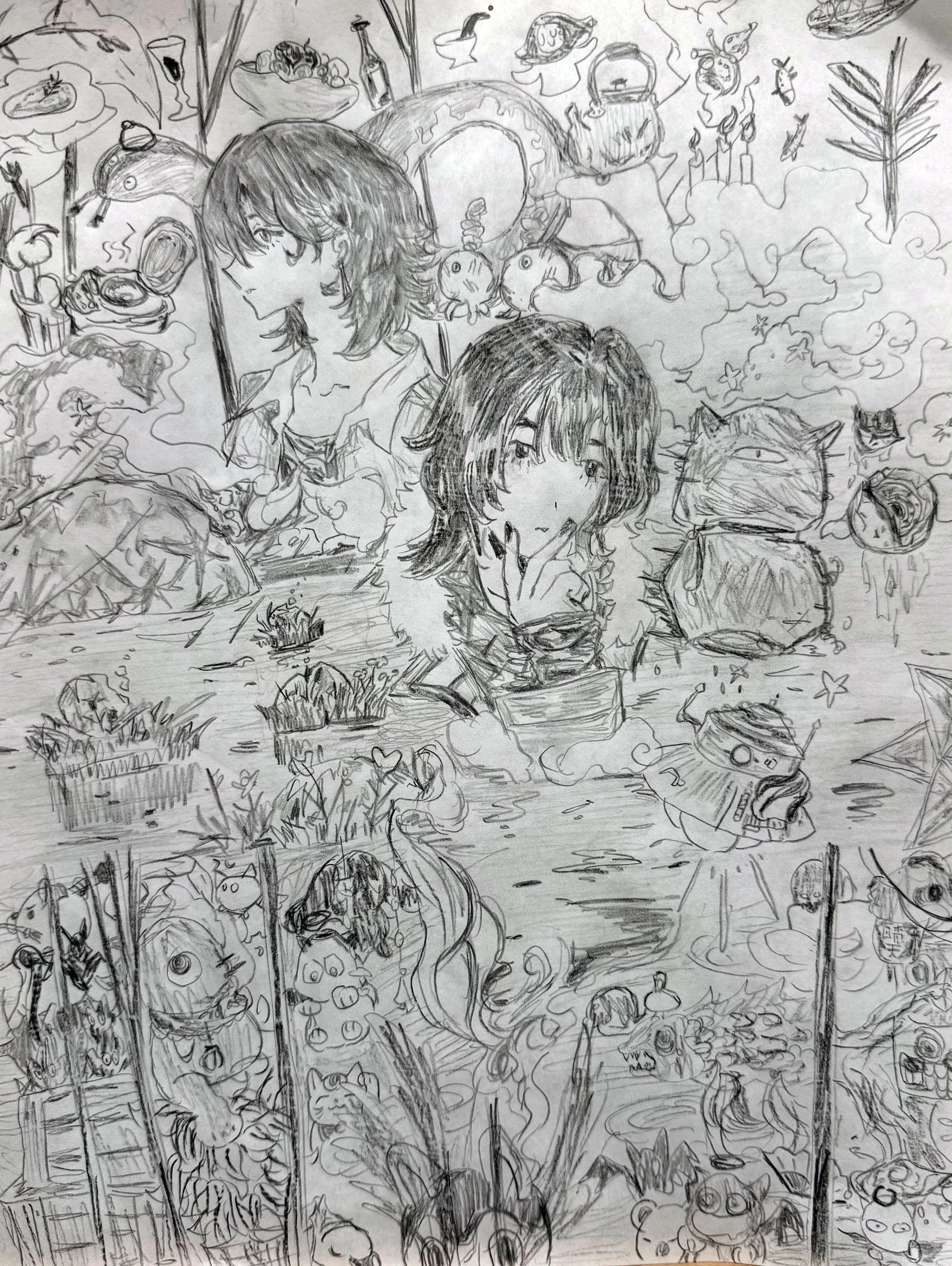 A detailed pencil drawing of two female characters surrounded by various whimsical and fantastical elements, including animals, plants, and imaginative objects.