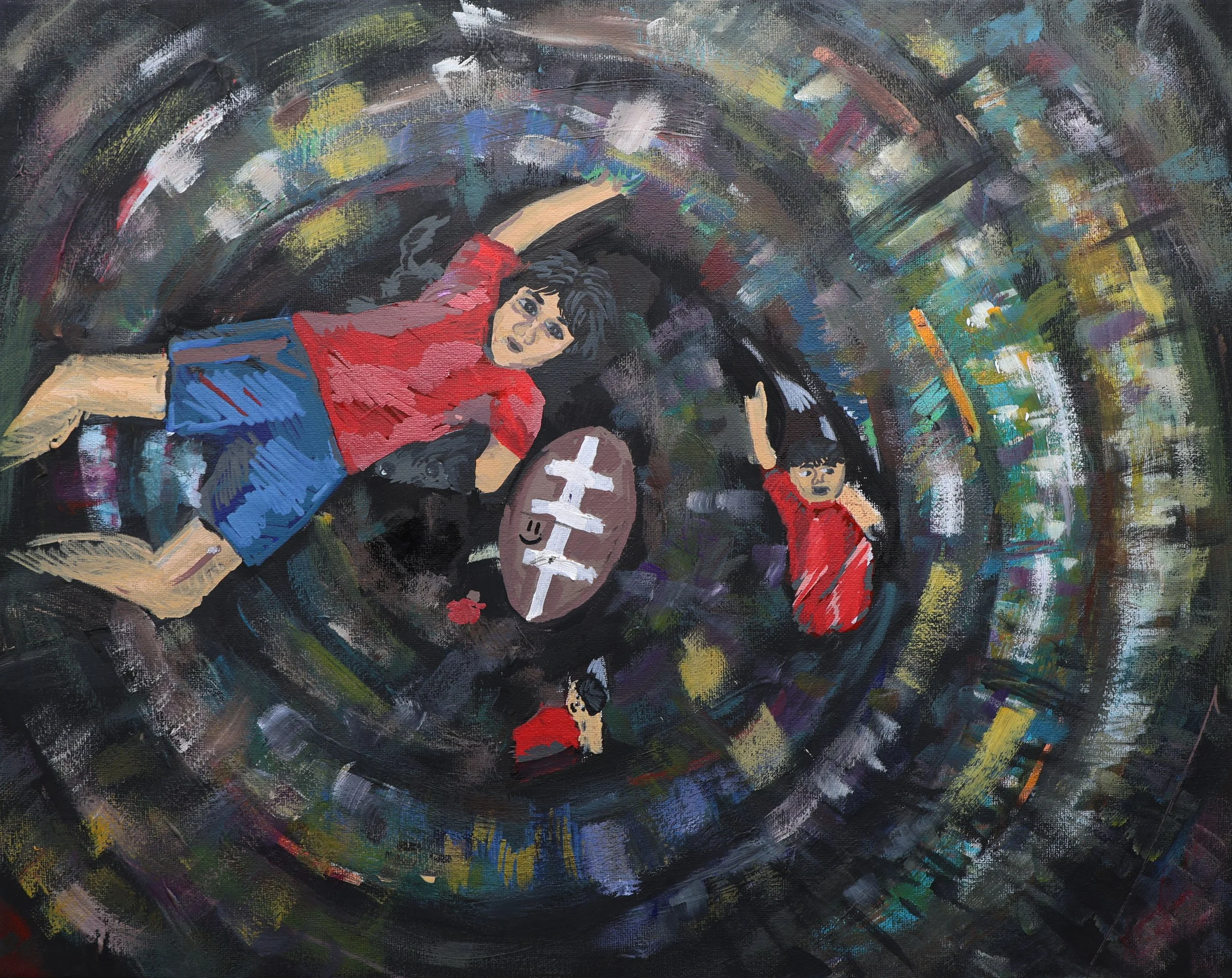 A colorful abstract painting with multiple children, some with glasses, in front of a vibrant, swirling background.