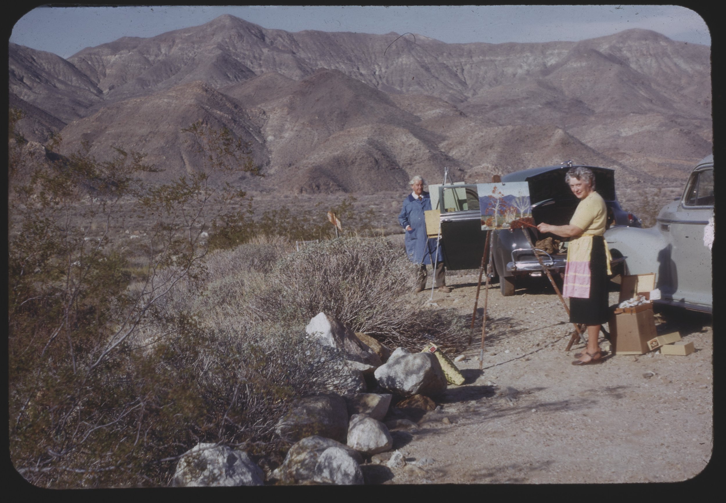Matille “Billie” Prigge Seaman, directing a painting class in Box Canyon, c. 1947. By Wilson Davis Ellis. Courtesy of the Cathedral City Historical Society, via California Revealed.