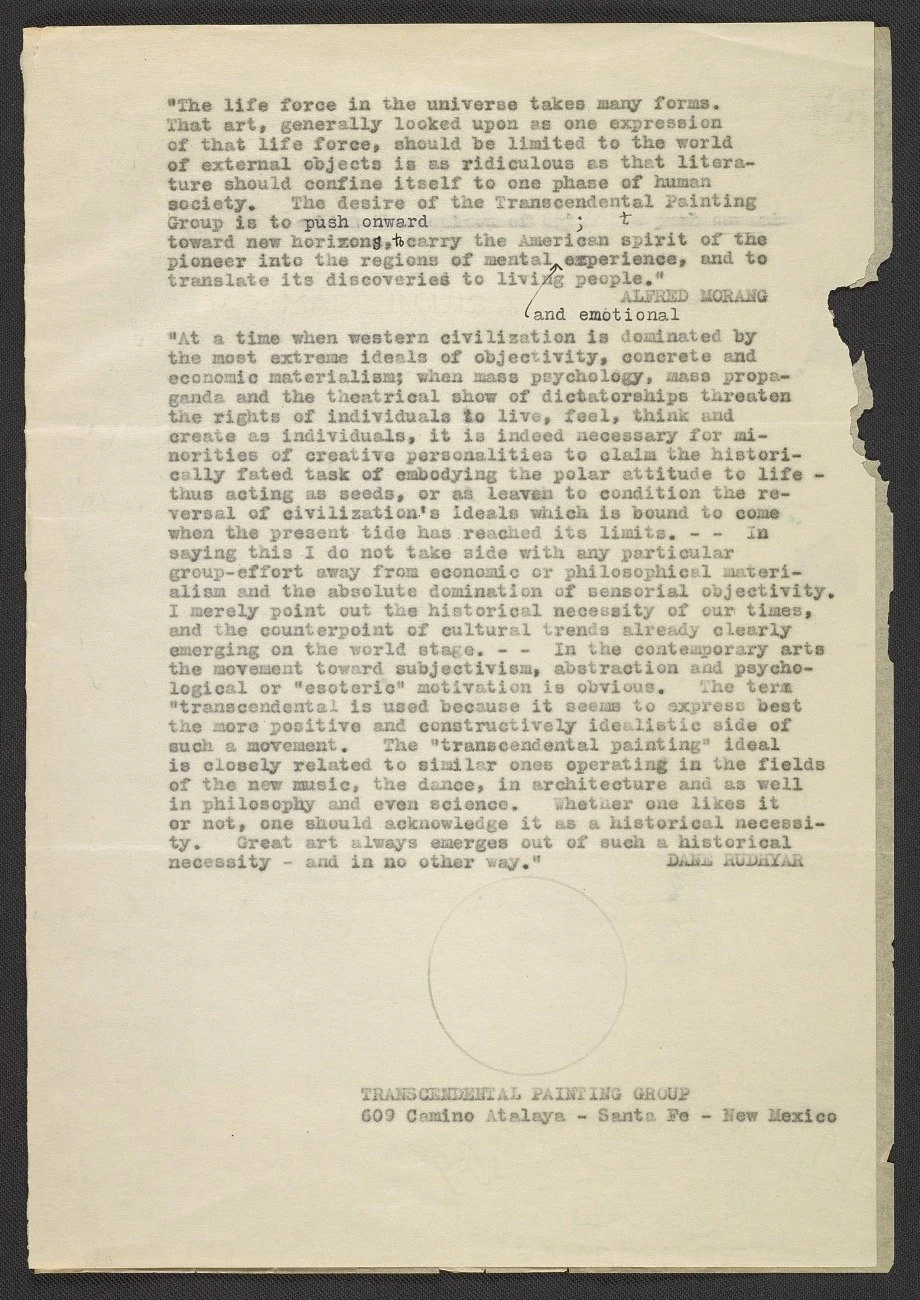 Transcendental Painting Group (TPG) Statement of Purpose (two pages), circa 1938