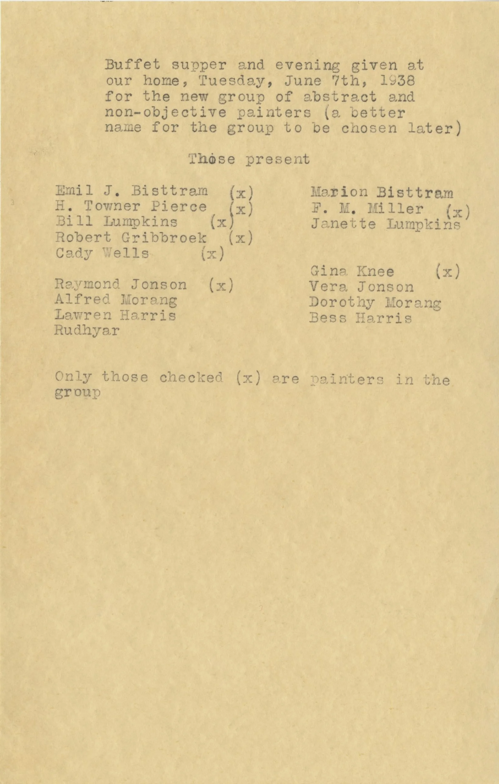  List of attendees of the first Transcendental Painting Group meeting, June 7, 1938. 