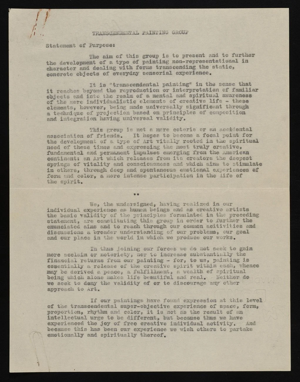 Transcendental Painting Group (TPG) Statement of Purpose, circa 1938 (Copy)