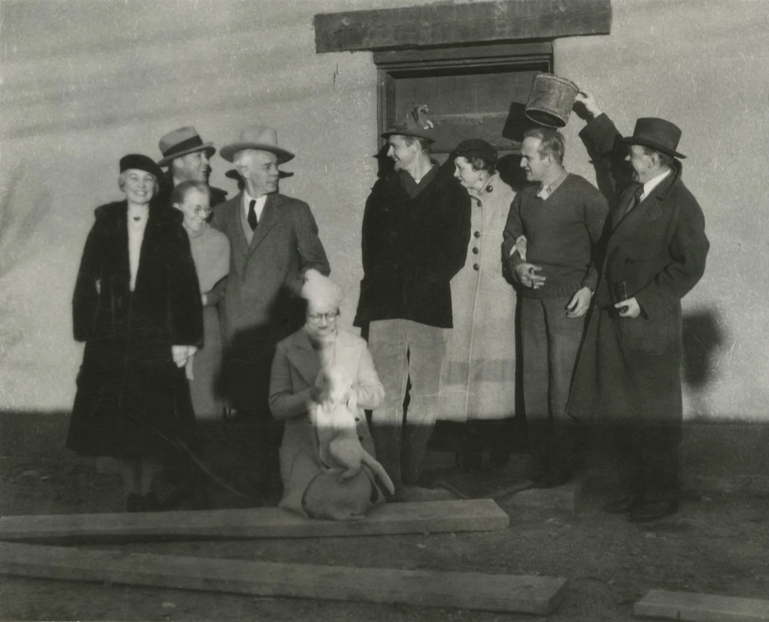 From left to right: Bess Harris; RS Hewton; Mayrion’s mother; Lawren Harris; Mayrion Bisttram; Robert Gribbroek; Benny Hewton; Emil Bisttram; Raymond Jonson, Taos, NM, November 1938.