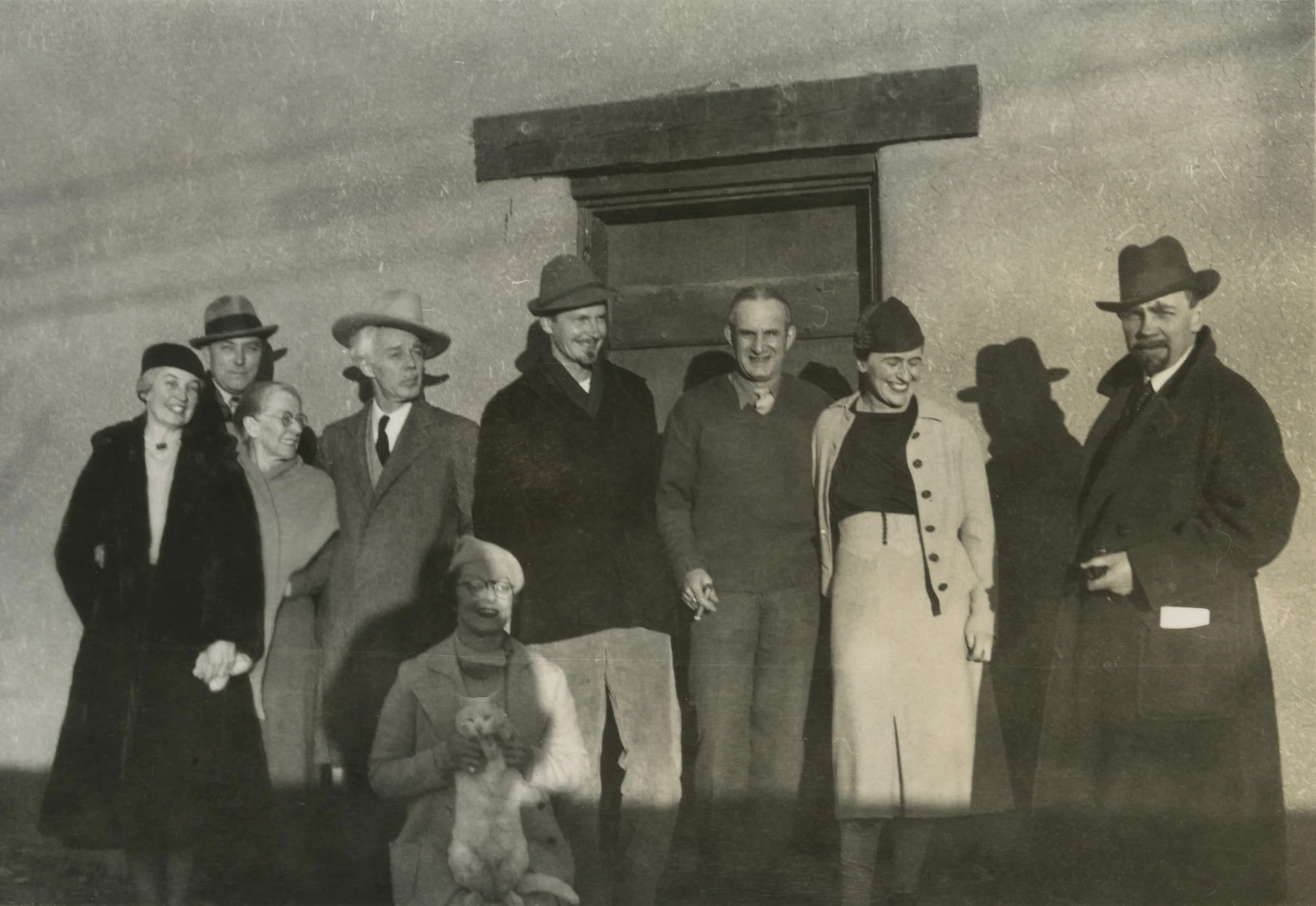 From left to right: Bess Harris; RS Hewton; Mayrion’s mother; Lawren Harris; Mayrion Bisttram; Robert Gribbroek; Emil Bisttram; Isabel McLaughlin; Raymond Jonson, Taos, NM, November 1938.