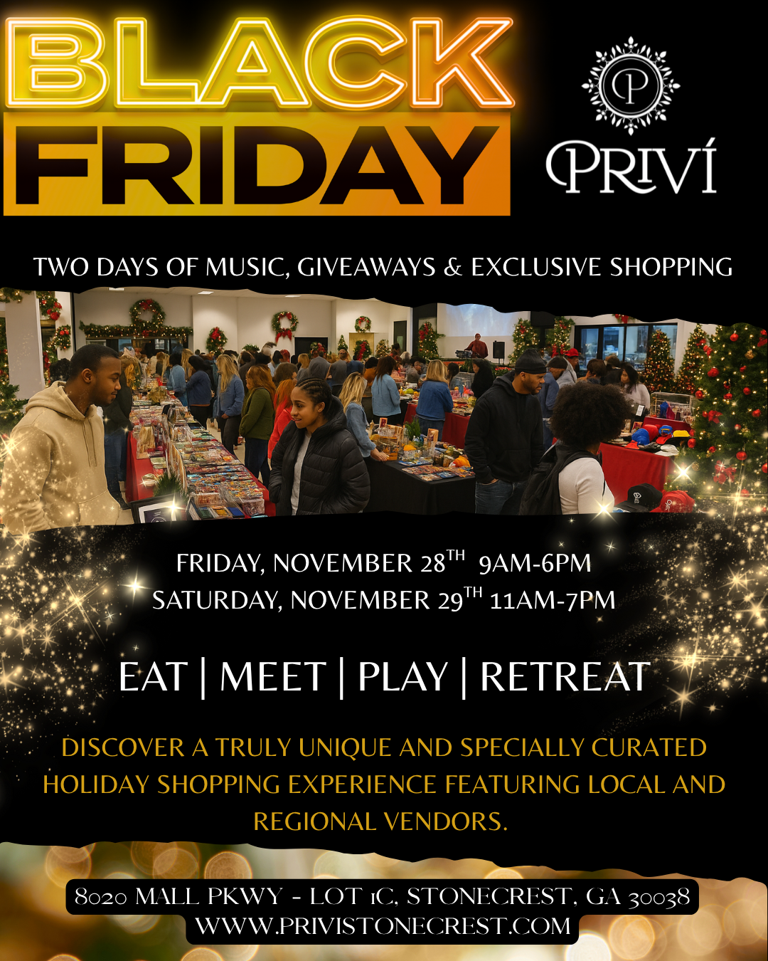 Black Friday holiday shopping event flyer with neon lights, shopping tables, Christmas decorations, and people shopping.
