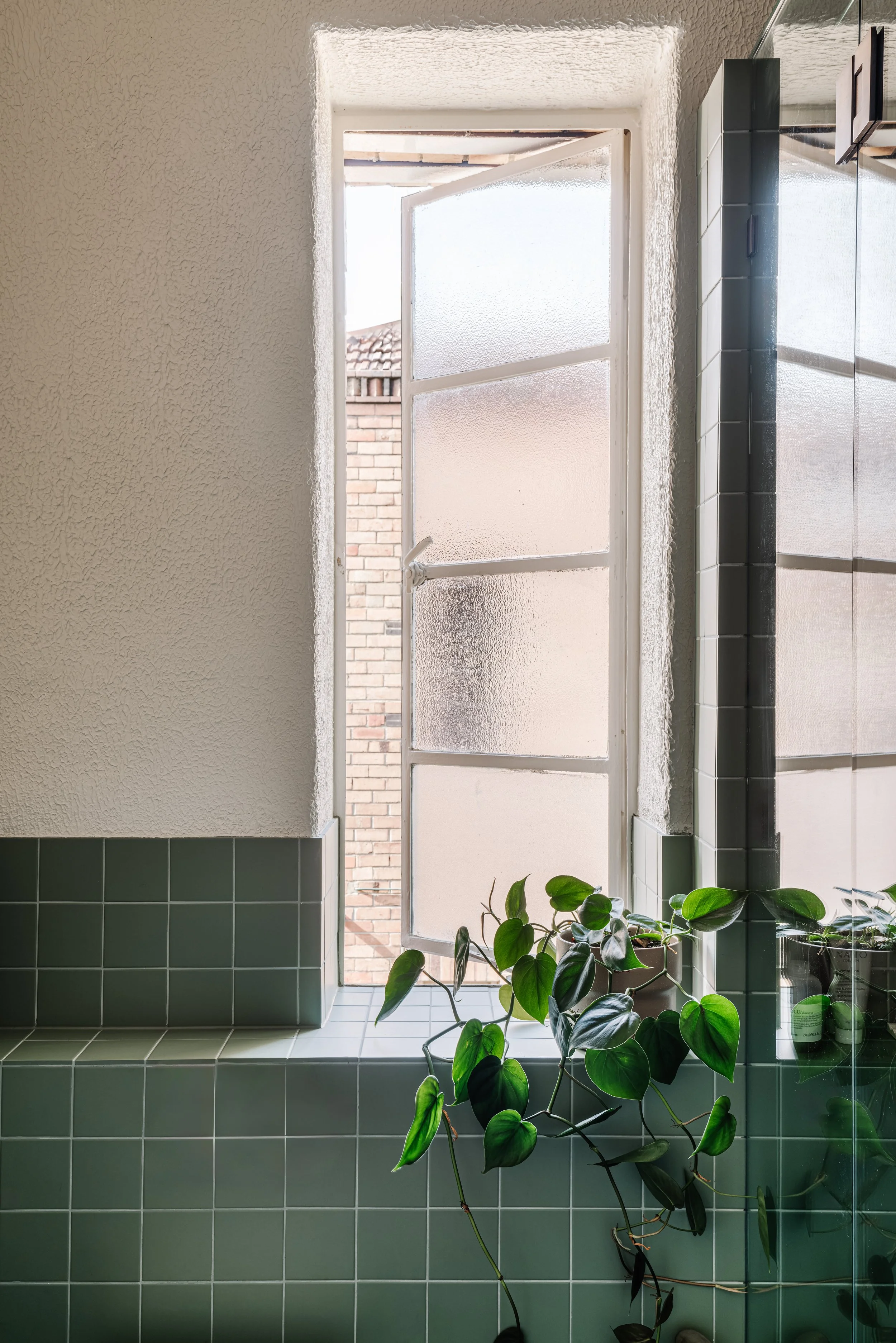 A kitchen window with textured glass panes, a white frame, and a view of a brick wall outside. The window ledge is tiled with green tiles, and a potted green houseplant is placed on it, partially hanging inside the room.