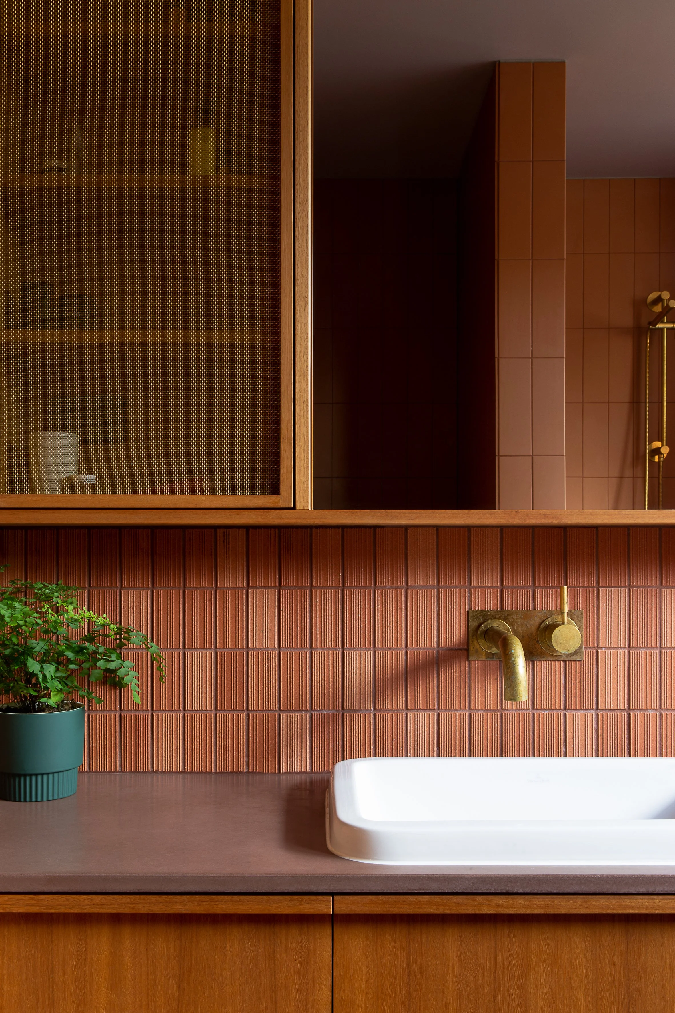Interior bathroom with a white bathtub, a brick red tiled wall, a brass faucet, a potted green plant, and a wooden cabinet with a textured metal door.