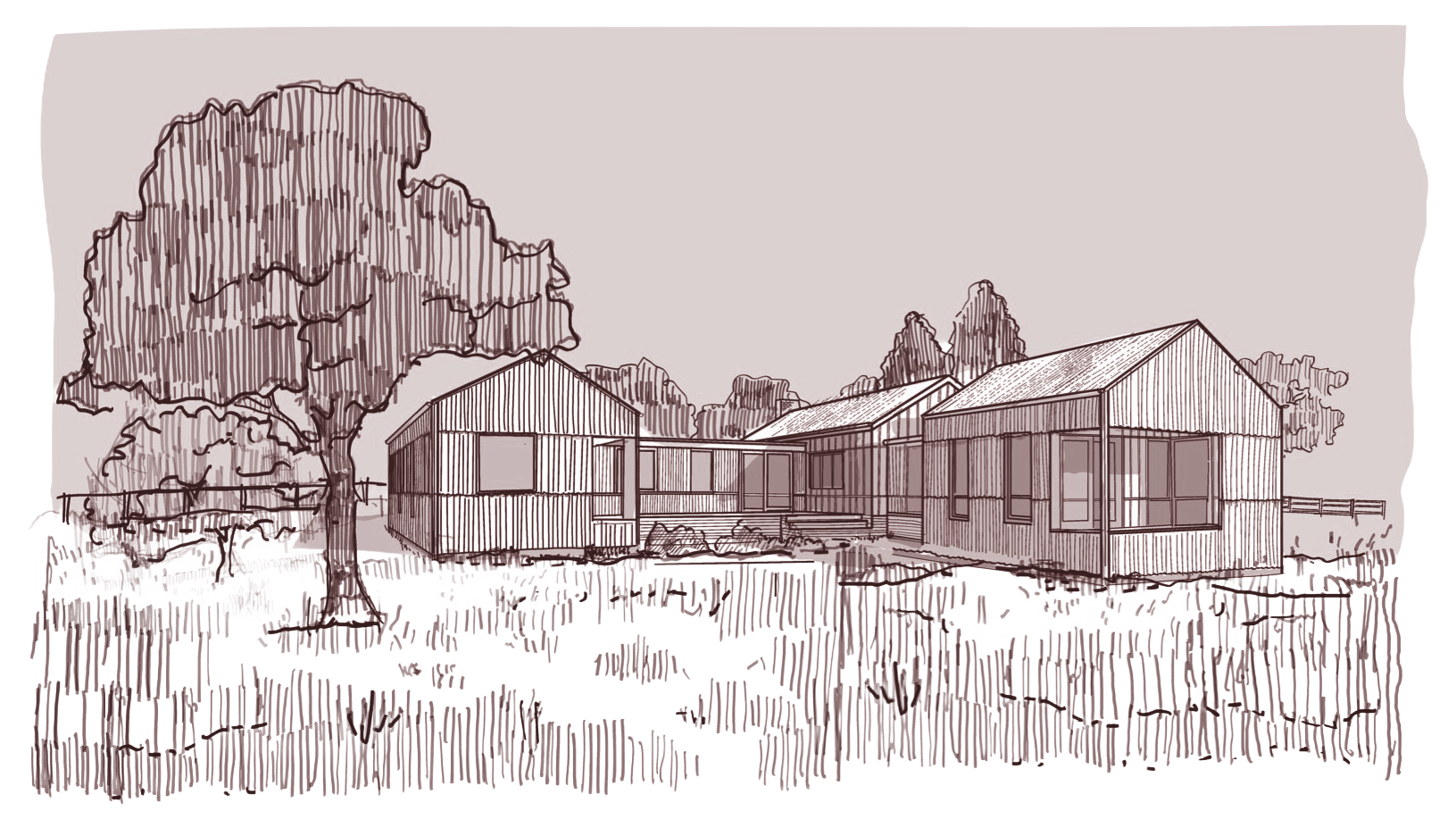 Line drawing of two wooden houses with gardens, trees, and a fence in the background.