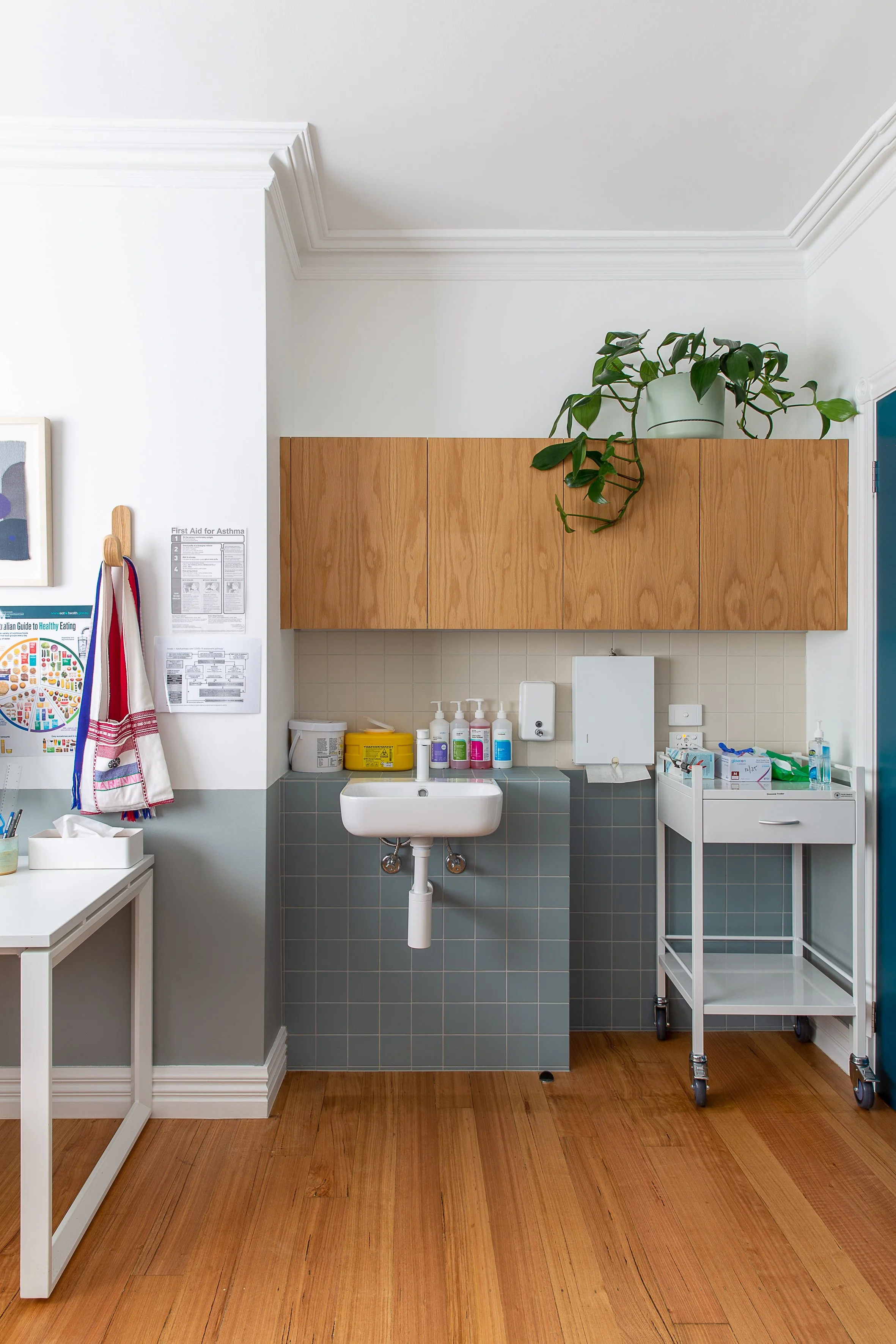 Medical room with a wooden cabinet, green plant on top, hand sanitizer bottles on a gray tiled counter below, and a stainless steel cart on the right.
