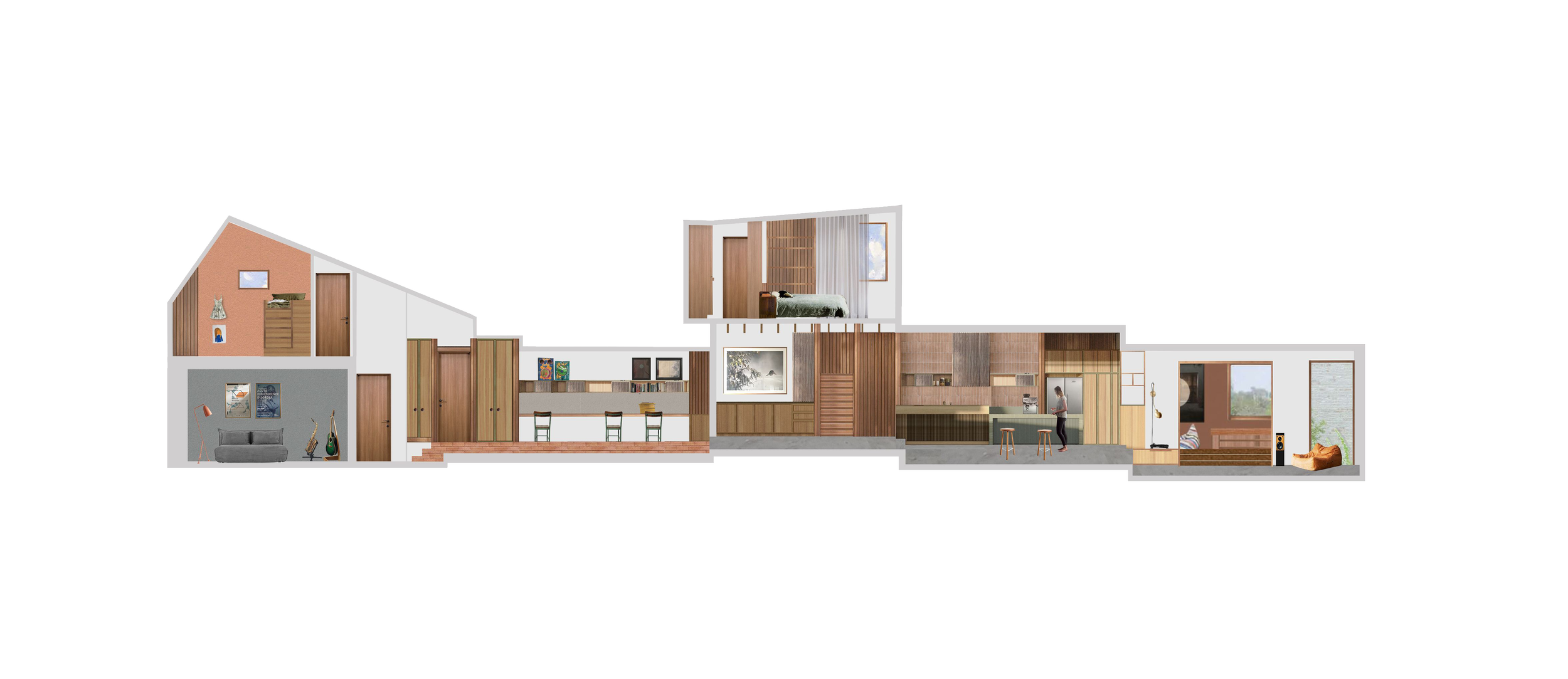 Cross-section of a modern multi-story house showing various interior rooms including a living room with sofa and guitar, a kitchen with dining area, bedrooms, and other living spaces.