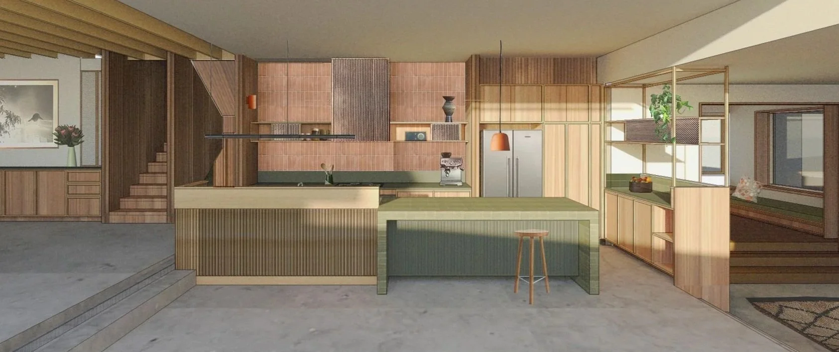 Interior view of a modern kitchen with wooden cabinetry, a green kitchen island with a stool, stainless steel refrigerator, and open shelving with plants and decorative items. Sunlight illuminates the space.