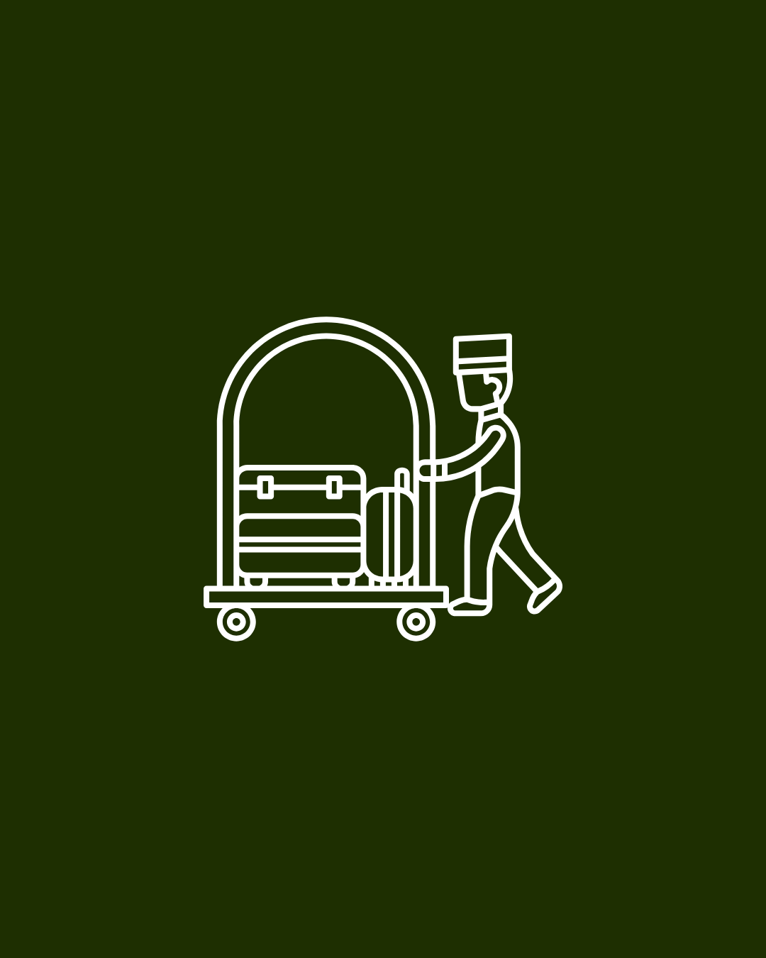 Line drawing of a person pushing a luggage cart with a suitcase and a bag.