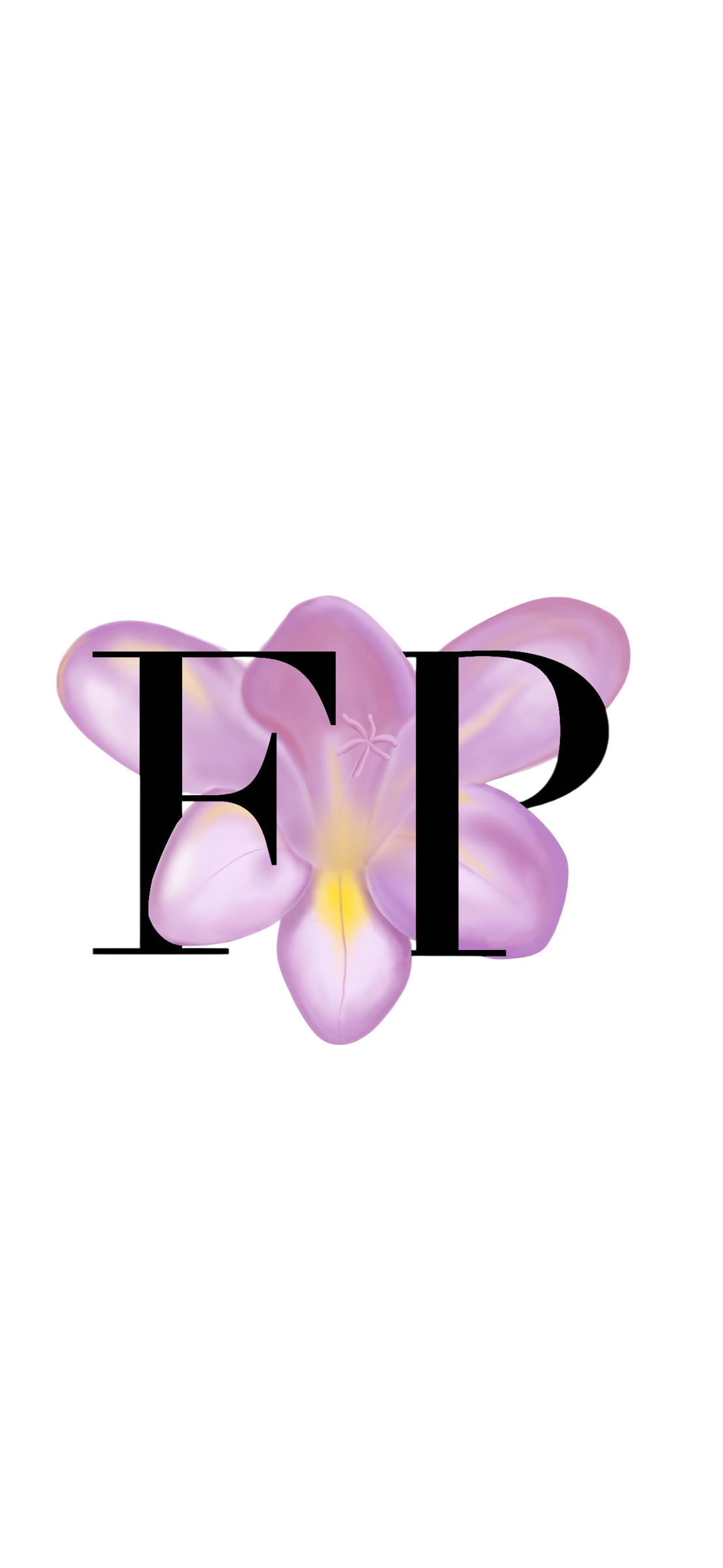 pink freesia flower with letters "F" and "P" in black on the flower