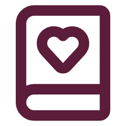 A purple icon of a closed book with a heart on the cover.