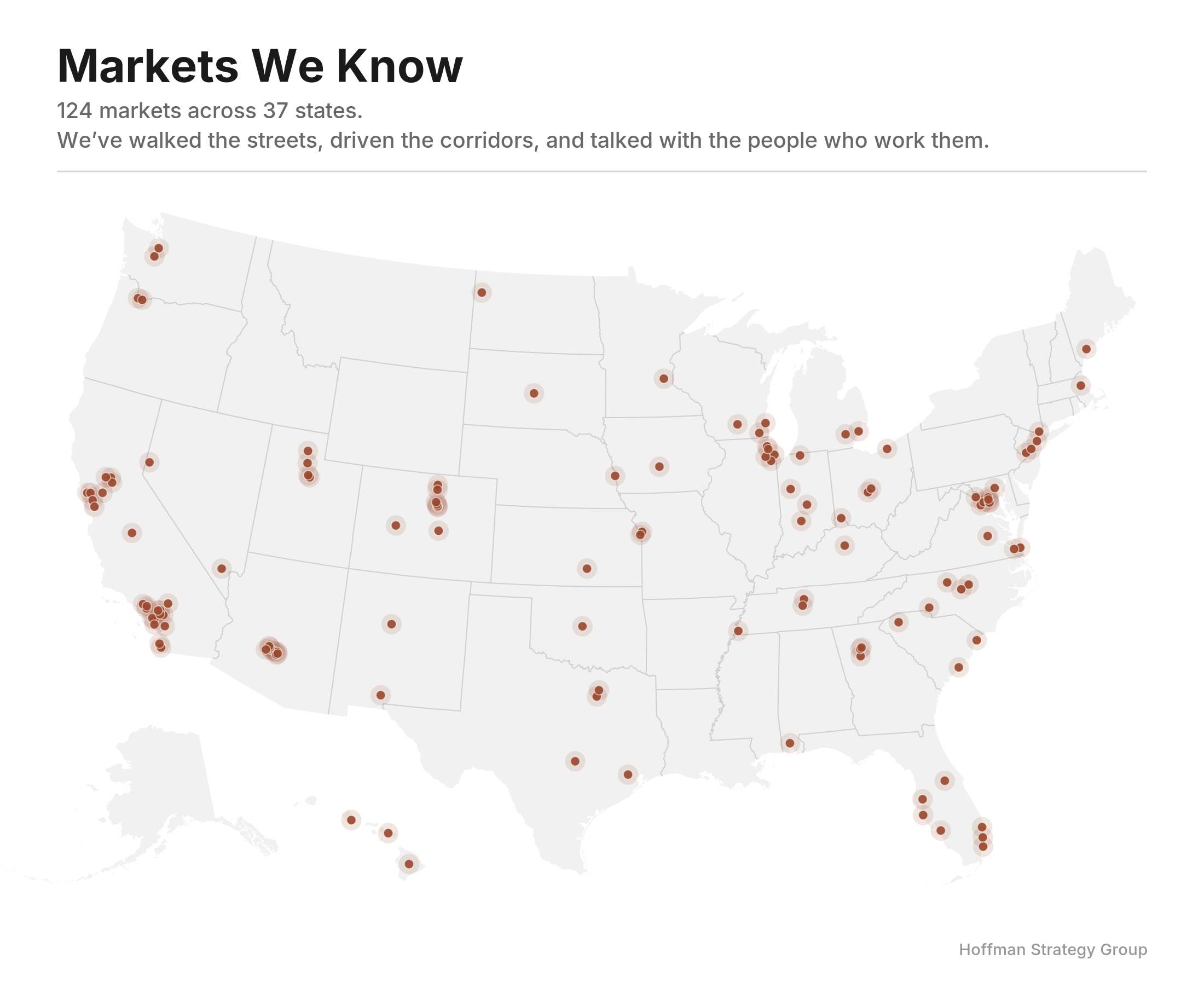 Map showing 124 markets across 37 states where Hoffman Strategy Group has worked for owners and developers.