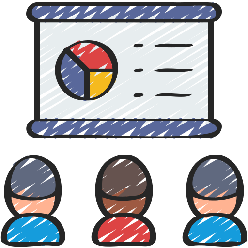 Illustration of three people in front of a presentation screen with a pie chart.