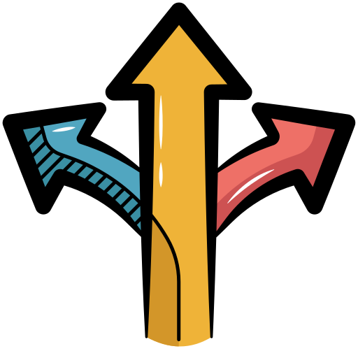A diagram showing a central yellow arrow splitting into two smaller arrows, one pointing left in blue and the other pointing right in red.