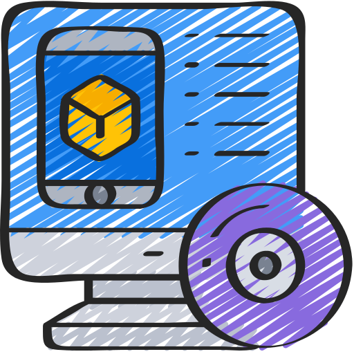 Digital illustration of a computer monitor displaying a 3D cube, with a smartphone showing the same cube in front of the monitor, and a CD or DVD disc beside the monitor.