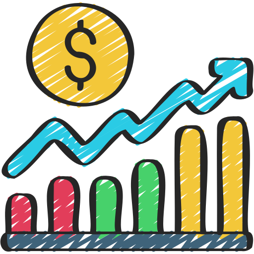A colorful, hand-drawn style illustration of a financial growth chart with an upward-trending blue arrow, bar graphs in red, green, and yellow, and a yellow coin with a dollar sign at the top.