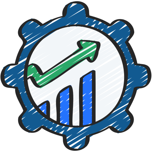 A clock with a gear shape, showing an upward trending green line and blue bar graph indicating growth and progress.