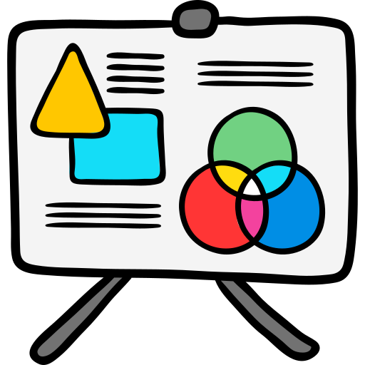 A presentation board displaying various shapes, including a yellow triangle, a blue square, and a Venn diagram with red, green, blue, and purple areas.