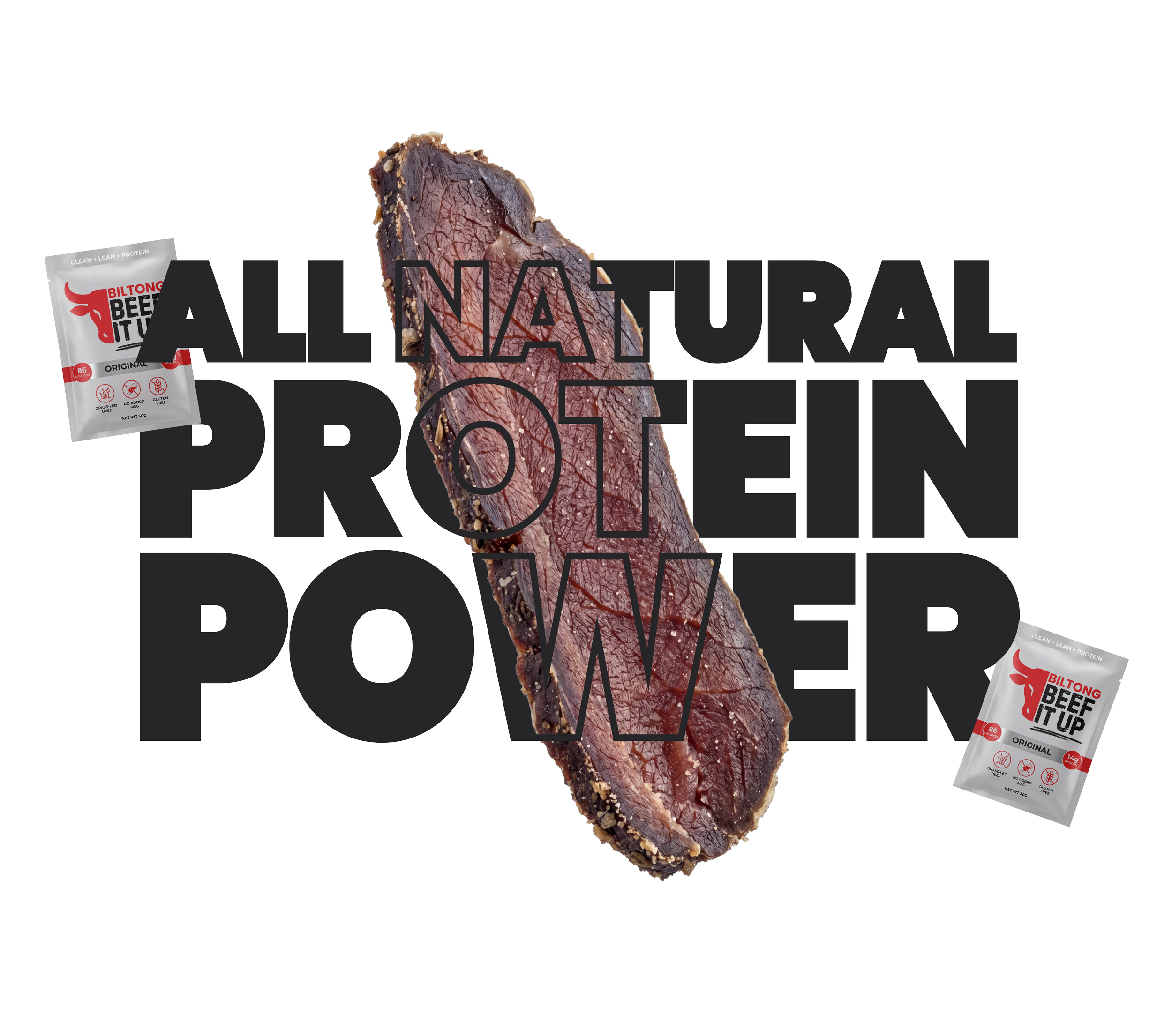 A strip of cooked beef jerky next to a packet of beef jerky snack on a black background with text reading 'All Natural Protein'.