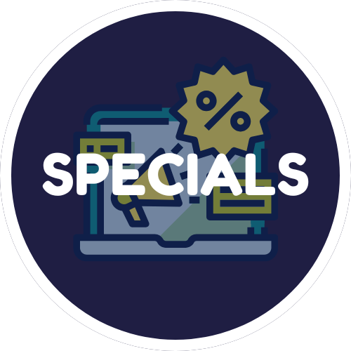 A digital illustration with a dark background showing a laptop, a tablet, or smartphone, with a gear icon and a percentage symbol, and the word 'SPECIALS' in bold white letters.