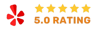 A red flower-like icon next to a five-star rating graphic with four and a half stars filled, indicating a 5.0 rating.