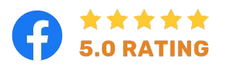 Facebook logo with a five-star rating and five out of five stars highlighted, rated 5.0.