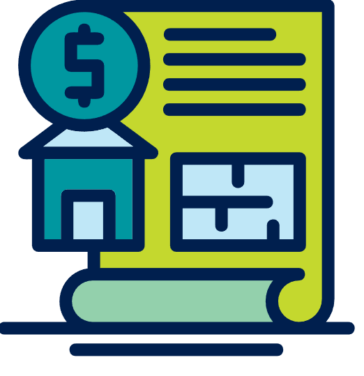 Icon representing real estate or mortgage documents, including a house, a dollar sign, a bill or contract, and a book or ledger.