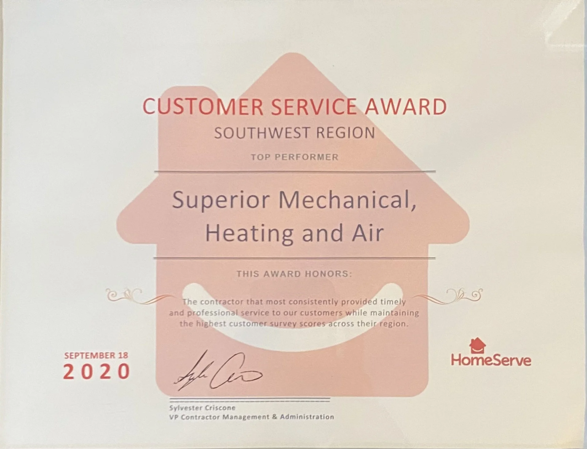 Certificate of excellence awarded to Superior Mechanical, Heating, and Air for customer service in the Southwest region, dated September 18, 2020, signed by Sylvester Criscone from HomeServe.