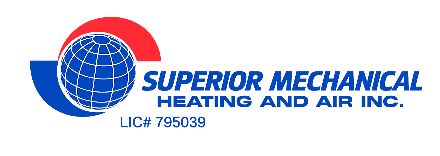 Logo for Superior Mechanical Heating and Air Conditioning with a globe, blue and red colors, and contact information.