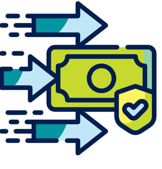 Digital illustration of arrows pointing toward a dollar bill with a shield and checkmark, symbolizing secure financial transactions.