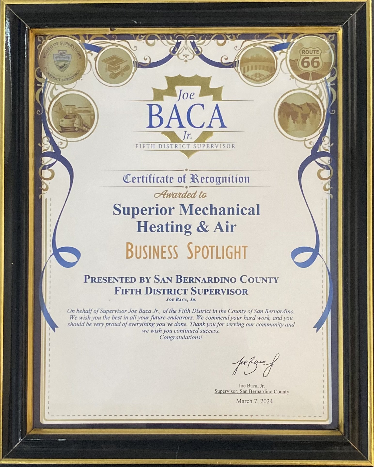 Certificate of Recognition awarded to Superior Mechanical Heating & Air, presented by San Bernardino County Fifth District Supervisor Joe Baca Jr., dated March 7, 2024, in a black and gold frame.