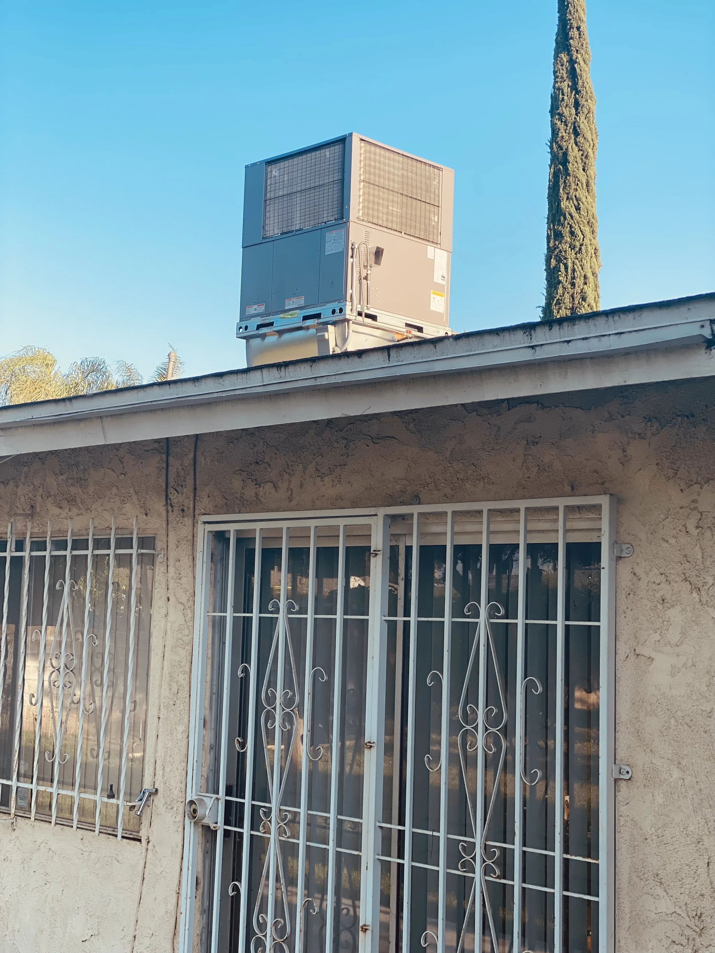View of a residential building's exterior with barred windows and a metal security door, and an HVAC unit on the roof, under a clear sky with a tall tree in the background.