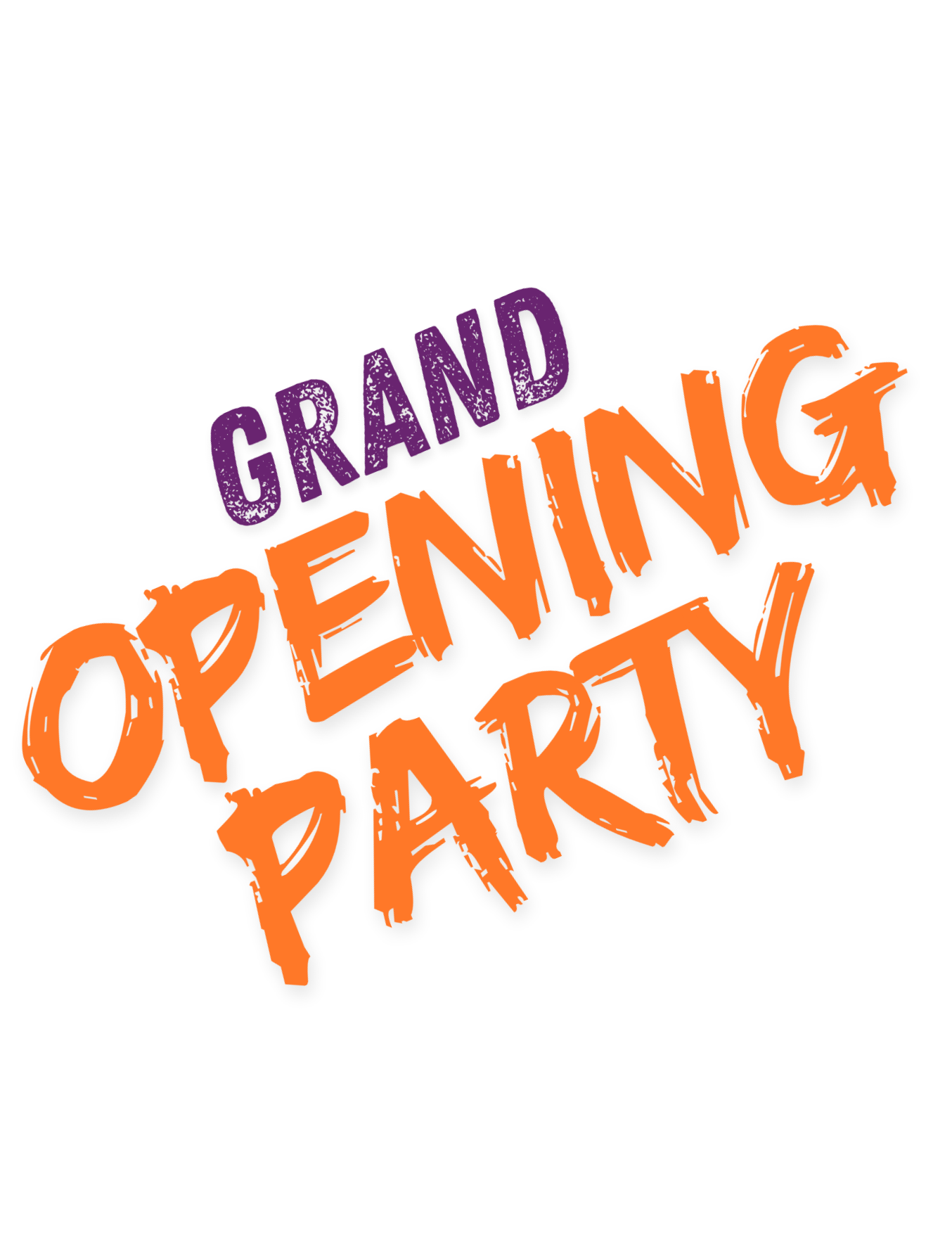 Colorful sign with the text 'Grand Opening Party' in bold, playful font, with 'Grand' in purple and 'Opening Party' in orange, on a black background.