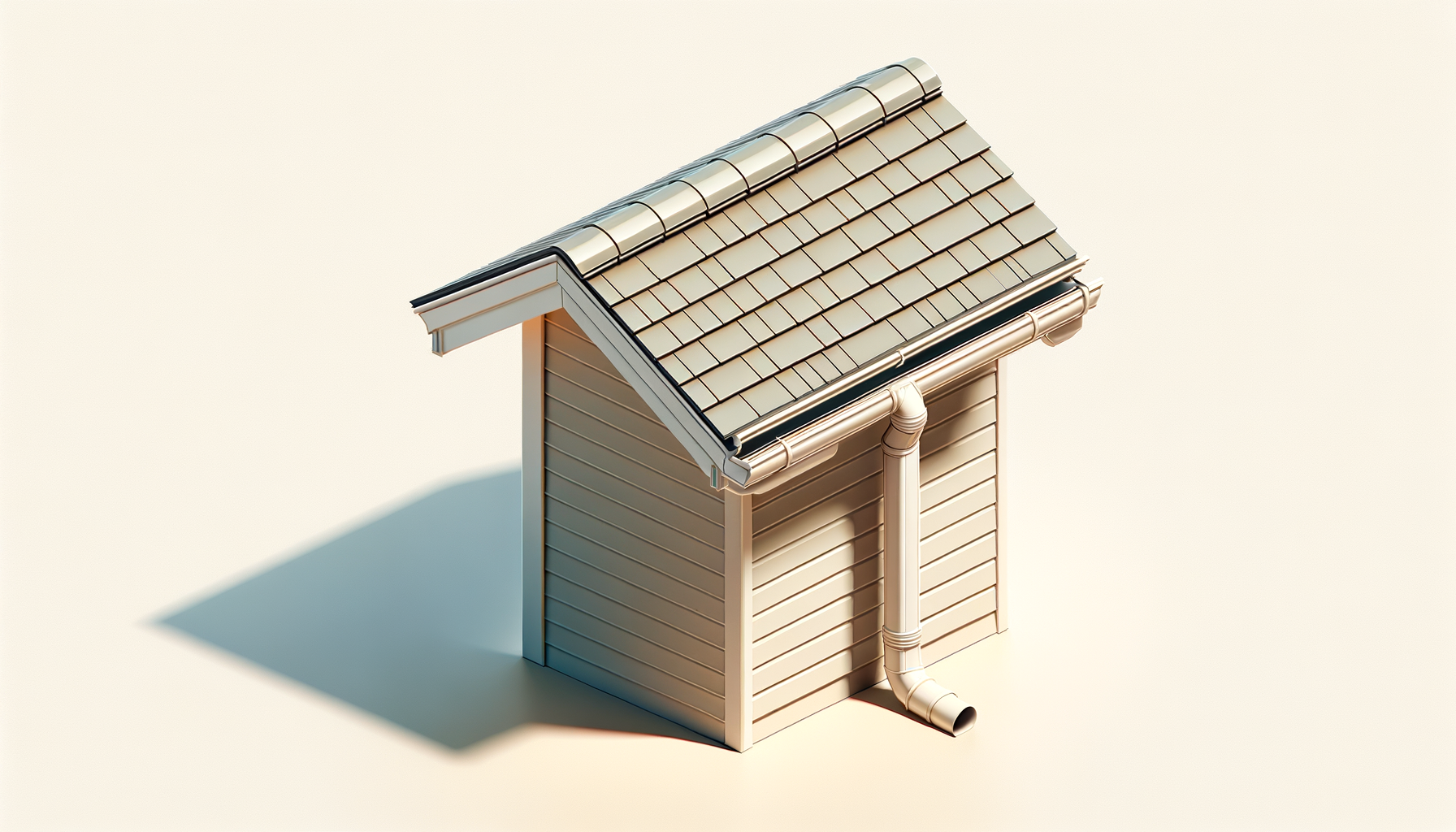 Model of a small house or shed with beige siding, a gabled roof with brown shingles, and white gutters and downspouts, casting a shadow on a light background.