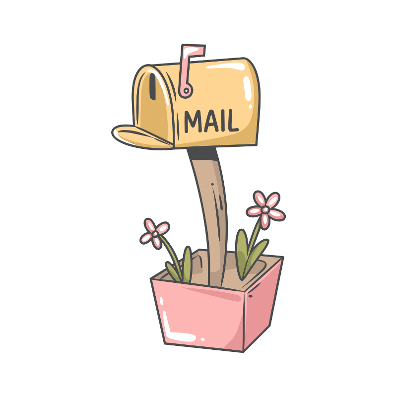 A cartoon illustration of a mailbox labeled 'MAIL' on a post, planted in a pink flower pot with small pink flowers and green leaves.