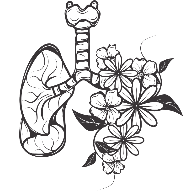 Outline drawing of human lungs with flowers and leaves surrounding them.