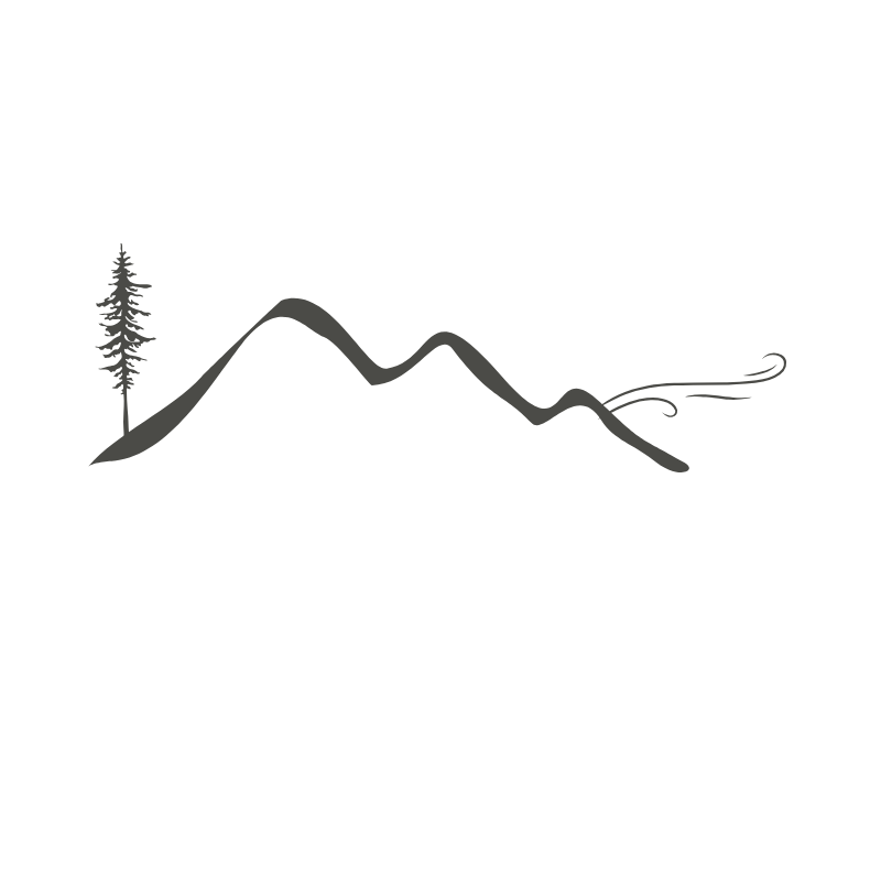 A mountain landscape with a pine tree on the left, rugged mountain peaks, and swirling lines representing wind or air movement.